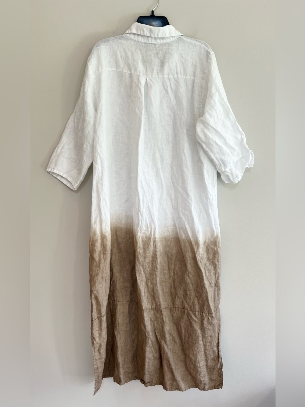 Italian 100% Linen Long 3/4 Sleeve White Brown Ombre Button-Down Shirt Dress, L - Picture 3 of 9